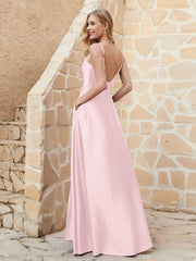 Robe Capot de A-ligne en Satin avec Fente Rose Pâle Grande Taille