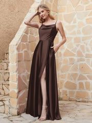 Robe Capot de A-ligne en Satin avec Fente Chocolat