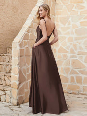 Robe Capot de A-ligne en Satin avec Fente Chocolat