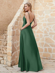Robe Capot de A-ligne en Satin avec Fente Vert Foncé