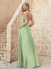 Robe Capot de A-ligne en Satin avec Fente Sauge Poudrée Grande Taille