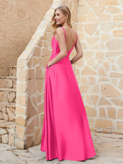 Robe Capot de A-ligne en Satin avec Fente Fuchsia