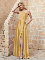 Robe Capot de A-ligne en Satin avec Fente Or