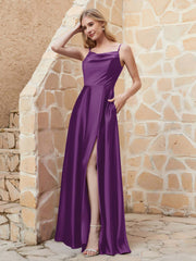 Robe Capot de A-ligne en Satin avec Fente Raisin