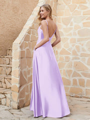 Robe Capot de A-ligne en Satin avec Fente Lilas