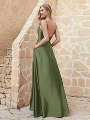 Robe Capot de A-ligne en Satin avec Fente Olive Verte