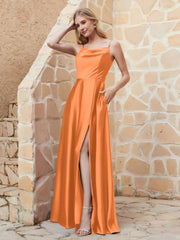 Robe Capot de A-ligne en Satin avec Fente Orange Grande Taille