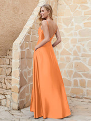 Robe Capot de A-ligne en Satin avec Fente Orange