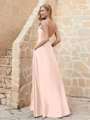 Robe Capot de A-ligne en Satin avec Fente Rose Perle