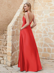 Robe Capot de A-ligne en Satin avec Fente Rouge