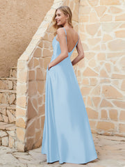 Robe Capot de A-ligne en Satin avec Fente Bleu Ciel Grande Taille
