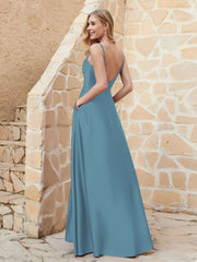 Robe Capot de A-ligne en Satin avec Fente Bleu de Schiste Grande Taille