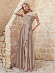 Robe Capot de A-ligne en Satin avec Fente Taupe Grande Taille