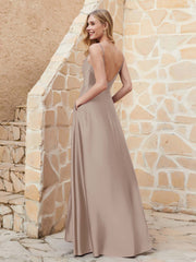 Robe Capot de A-ligne en Satin avec Fente Taupe