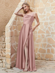 Robe Capot de A-ligne en Satin avec Fente Vintage Mauve
