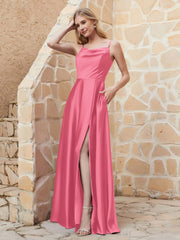 Robe Capot de A-ligne en Satin avec Fente Pastèque