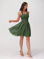 Licou Col en Cœur Mousseline Robes Courtes Olive Verte Grande Taille