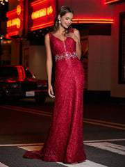 Robe Fourreau en Dentelle Perlée à Col en V Plongeant Bordeaux
