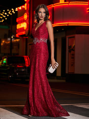 Robe Fourreau en Dentelle Perlée à Col en V Plongeant Bordeaux