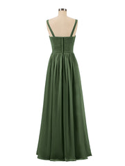 Plissé Mousseline Bustier Robe Longue avec Bretelles Olive Verte