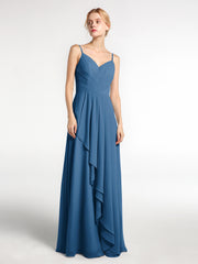 Robe à Col en Cœur Bretelles Spaghetti avec Cascade Bleu Encre