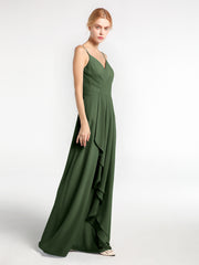 Robe à Col en Cœur Bretelles Spaghetti avec Cascade Olive Verte Grande Taille