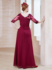 Robe en Mousseline à Manches Mi-longues et Décolleté Illusion avec Dentelle Bordeaux Grande Taille