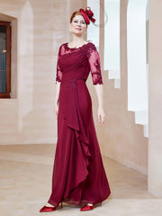 Robe en Mousseline à Manches Mi-longues et Décolleté Illusion avec Dentelle Bordeaux