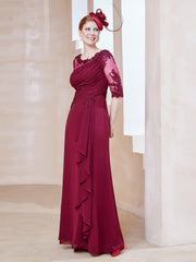 Robe en Mousseline à Manches Mi-longues et Décolleté Illusion avec Dentelle Bordeaux