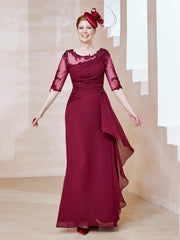 Robe en Mousseline à Manches Mi-longues et Décolleté Illusion avec Dentelle Bordeaux