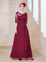 Robe en Mousseline à Manches Mi-longues et Décolleté Illusion avec Dentelle Bordeaux