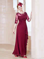 Robe en Mousseline à Manches Mi-longues et Décolleté Illusion avec Dentelle Bordeaux