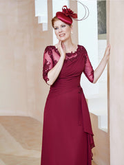 Robe en Mousseline à Manches Mi-longues et Décolleté Illusion avec Dentelle Bordeaux