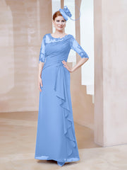Robe en Mousseline à Manches Mi-longues et Décolleté Illusion avec Dentelle Bleu Grande Taille