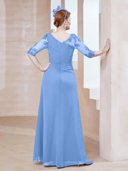 Robe en Mousseline à Manches Mi-longues et Décolleté Illusion avec Dentelle Bleu Grande Taille