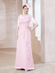 Robe en Mousseline à Manches Mi-longues et Décolleté Illusion avec Dentelle Rose Pâle