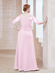 Robe en Mousseline à Manches Mi-longues et Décolleté Illusion avec Dentelle Rose Pâle