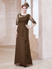 Robe en Mousseline à Manches Mi-longues et Décolleté Illusion avec Dentelle Brun Grande Taille