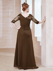 Robe en Mousseline à Manches Mi-longues et Décolleté Illusion avec Dentelle Brun Grande Taille