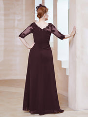 Robe en Mousseline à Manches Mi-longues et Décolleté Illusion avec Dentelle Cabernet