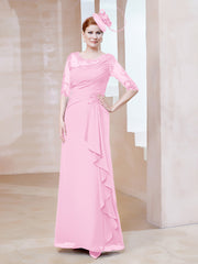 Robe en Mousseline à Manches Mi-longues et Décolleté Illusion avec Dentelle Rose Bonbon