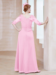 Robe en Mousseline à Manches Mi-longues et Décolleté Illusion avec Dentelle Rose Bonbon Grande Taille