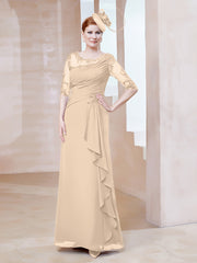 Robe en Mousseline à Manches Mi-longues et Décolleté Illusion avec Dentelle Champagne