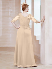 Robe en Mousseline à Manches Mi-longues et Décolleté Illusion avec Dentelle Champagne Grande Taille