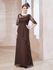 Robe en Mousseline à Manches Mi-longues et Décolleté Illusion avec Dentelle Chocolat Grande Taille