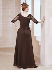 Robe en Mousseline à Manches Mi-longues et Décolleté Illusion avec Dentelle Chocolat Grande Taille