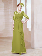 Robe en Mousseline à Manches Mi-longues et Décolleté Illusion avec Dentelle Trèfle