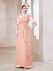 Robe en Mousseline à Manches Mi-longues et Décolleté Illusion avec Dentelle Corail