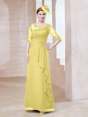 Robe en Mousseline à Manches Mi-longues et Décolleté Illusion avec Dentelle Jonquille