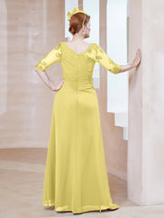 Robe en Mousseline à Manches Mi-longues et Décolleté Illusion avec Dentelle Jonquille